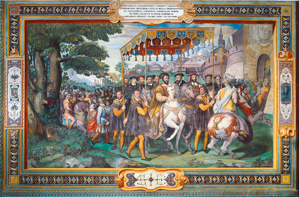francis one receives charles five and alessandro farnese in paris